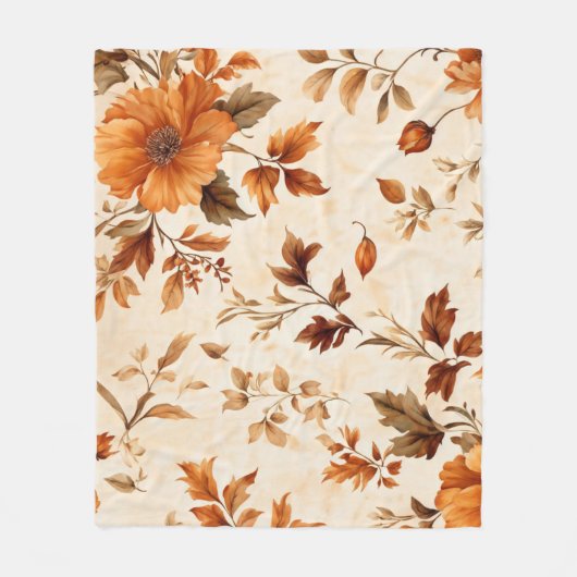 深いオレンジアンバーヴィンテージフローラ秋のパターン フリースブランケット (正面)