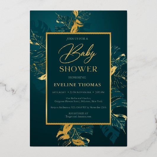 深いグリーンと実在金ゴールドホイルベビーシャワー 箔招待状 (正面)