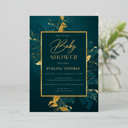 深いグリーンと実在金ゴールドホイルベビーシャワー 箔招待状 (立ち正面)