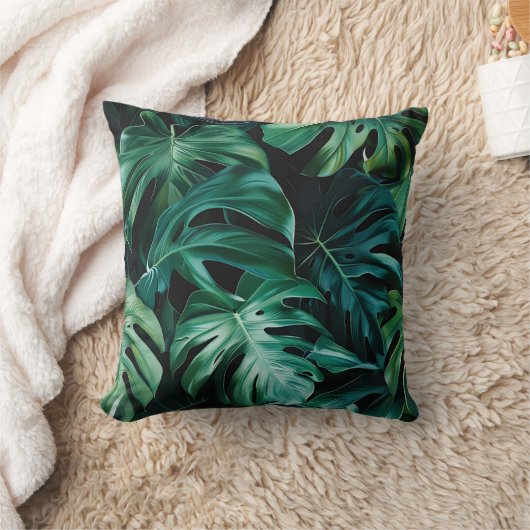 深いグリーンジャングルモンステラ離れエキゾチックフローラ クッション (ブランケット)