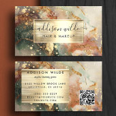 深いグリーンピーチと金ゴールド水彩大理石 名刺