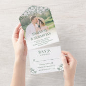 深いグリーンフローララインアートフォト結婚ズ オールインワン招待状 (貼ってはがせる)