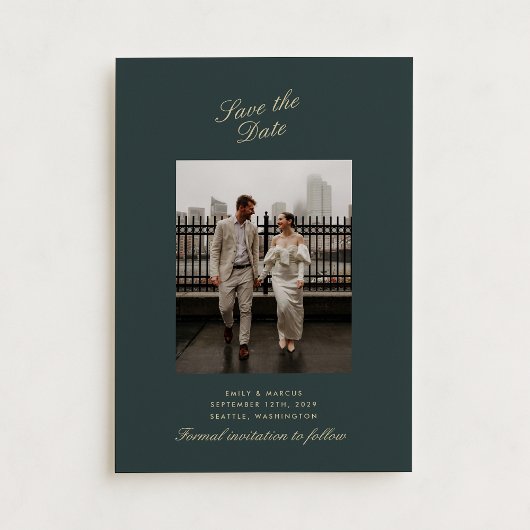 深いグリーン、金ゴールド結婚写真のカード日付を保存 招待状