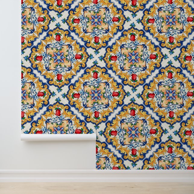 深いサフロンレッドフローラシシリアンマジョリカタイル 壁紙 (アプリケーション)