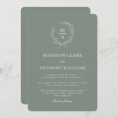深いシンプルセージエレガントモノグラム結婚クレスト 招待状 (正面/裏面)