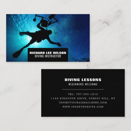 深いシーダイバーシルエットスキューバダイビングインストラクター 名刺 (正面/裏面)
