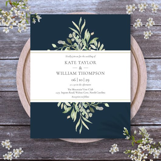 深いシーブルーグリーンリーバジェット結婚式招待状