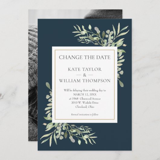 深いシーブルー日付の変更フォト結婚ズ セーブザデート (正面/裏面)