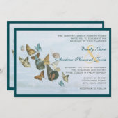 深いティール（緑がかった色）お洒落バタフライ結婚式招待状 招待状 (正面/裏面)