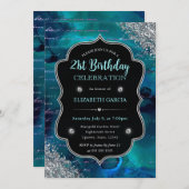 深いティール（緑がかった色）グリッターマーメイドレター誕生日 招待状 (正面/裏面)