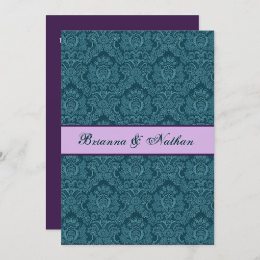 深いティール（緑がかった色）&パープルダマスクウェディング招待状 招待状 (正面/裏面)