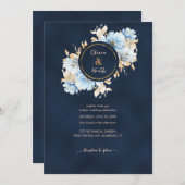 深いネイビーとアイス結婚ブルー 招待状 (正面/裏面)
