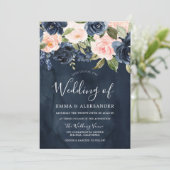 深いネイビーウォーター色赤面ピンクフローラ結婚ズ 招待状 (スタンド正面)