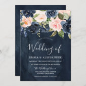 深いネイビーウォーター色赤面ピンクフローラ結婚ズ 招待状 (正面/裏面)