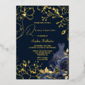 深いネイビーフローラ&ドレスキンセアニェラ金ゴールド 箔招待状 (正面)
