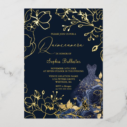 深いネイビーフローラ&ドレスキンセアニェラ金ゴールド 箔招待状 (正面)