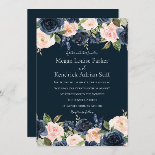 深いネイビーブルー赤面ボタニッ結婚クス 招待状 (正面/裏面)