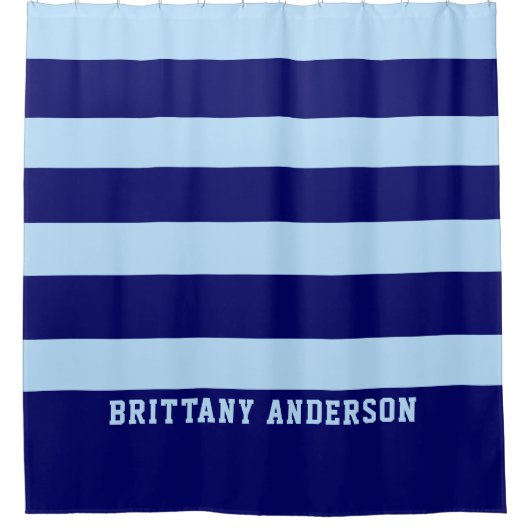 深いネイビーブルー&スカイブルーストライプズ模様 シャワーカーテン (正面)
