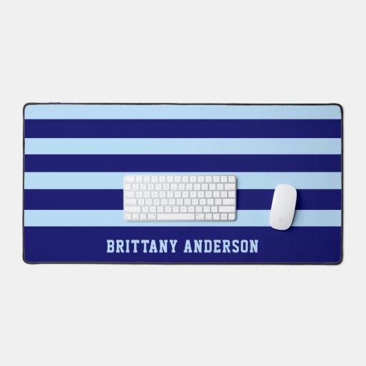 深いネイビーブルー&スカイブルーストライプズ模様 デスクマット (キーボード&マウス)