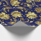 深いパープルおよび金ゴールドフローラダマスパターン ラッピングペーパー (角)