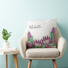 深いパープルキングプロテアウォーターカラーアート クッション