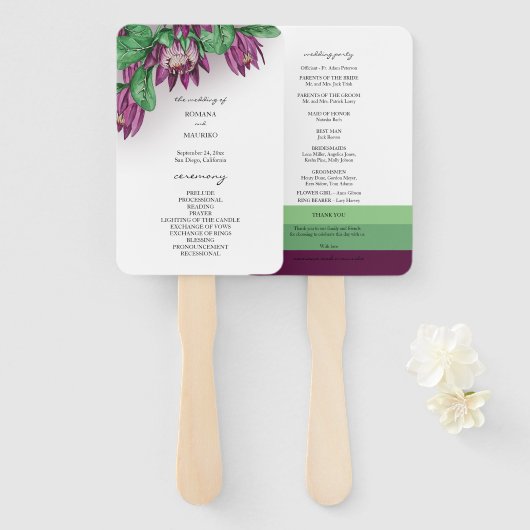 深いパープルキングプロテアウォーターカラーアート ハンドファン (正面&裏面)