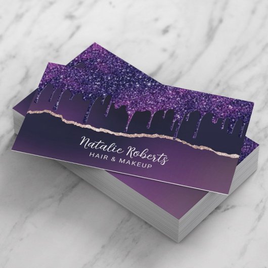 深いパープルグリッタードリップス金ゴールド瑪瑙美しいサロン 名刺