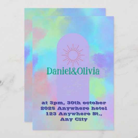 深いパープルソフト結婚物 招待状 (正面/裏面)