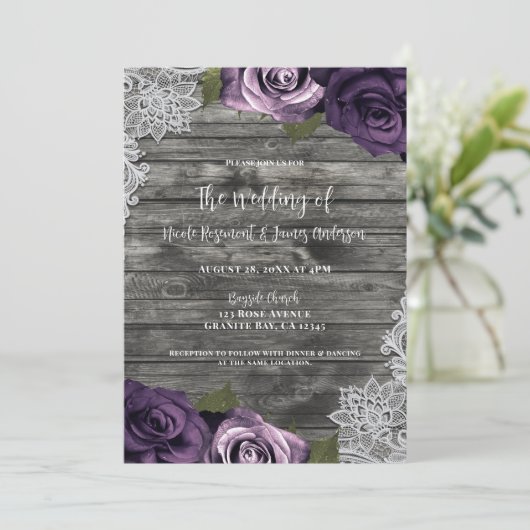 深いパープルバラグレイ素朴ホワイトレース結婚ズ 招待状 (スタンド正面)