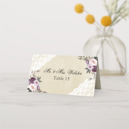 深いパープルピオニー結婚ズフローラ プレイスカード (正面)