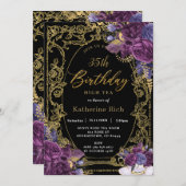 深いパープルフローラアンティーク金ゴールド誕生日ティーパーティー 招待状 (正面/裏面)