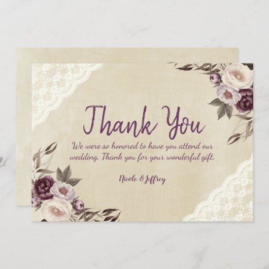 深いパープルプー結婚ニーフローラサンキューカード サンキューカード (正面/裏面)