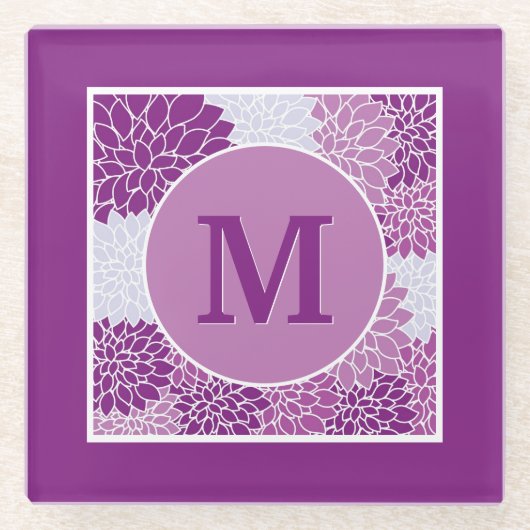 深いパープルモノグラムのダリアフローラ ガラスコースター (正面)