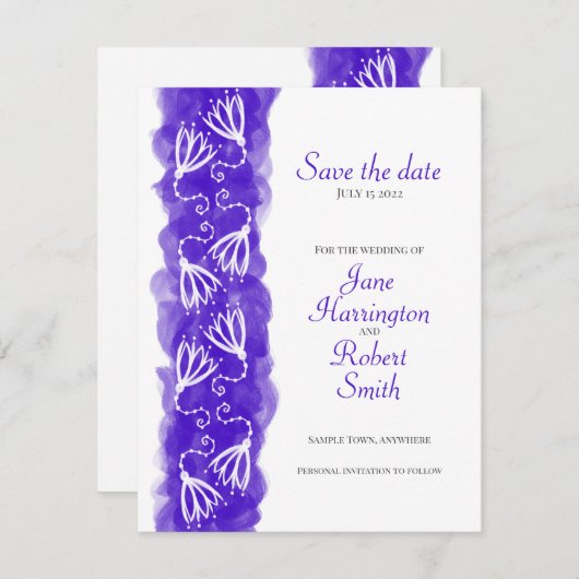 深いパープル日付の結婚カードを保存 セーブザデート (正面/裏面)