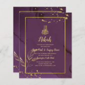 深いパープル葉金ゴールドウェディング招待 (正面/裏面)