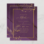 深いパープル葉金ゴールドウェディング招待 (正面/裏面)