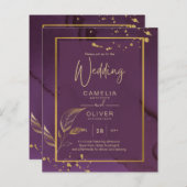 深いパープル葉金ゴールドウェディング招待 (正面/裏面)