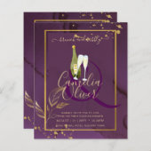 深いパープル葉金ゴールドウェディング招待 (正面/裏面)