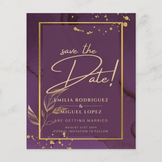 深いパープル葉金ゴールドウェディング招待 チラシ (正面)