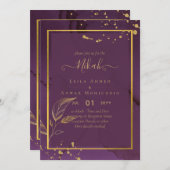 深いパープル葉金ゴールドウェディング招待 招待状 (正面/裏面)