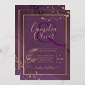 深いパープル葉金ゴールドウェディング招待 招待状 (正面/裏面)