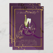 深いパープル葉金ゴールドウェディング招待 招待状 (正面/裏面)