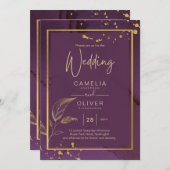 深いパープル葉金ゴールドウェディング招待 招待状 (正面/裏面)
