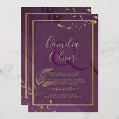 深いパープル葉金ゴールドウェディング招待 招待状 (正面/裏面)