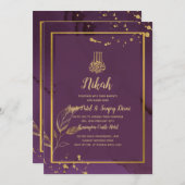 深いパープル葉金ゴールドウェディング招待 招待状 (正面/裏面)