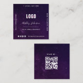 深いパープル銀河系宇宙ユニバースQRコード&ロゴ スクエア名刺 (正面/裏面)