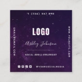 深いパープル銀河系宇宙ユニバースQRコード&ロゴ スクエア名刺 (正面)