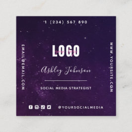 深いパープル銀河系宇宙ユニバースQRコード&ロゴ スクエア名刺