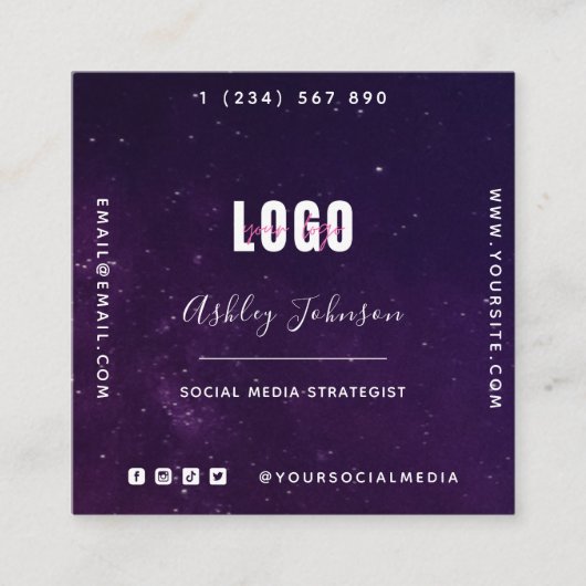深いパープル銀河系宇宙ユニバースQRコード&ロゴ スクエア名刺 (正面)