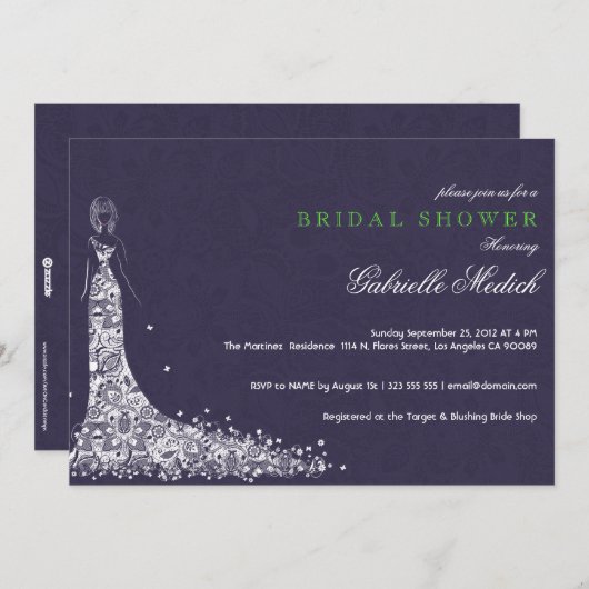 深いパープル&結婚ホワイトのドレス&ヴィンテージレース 招待状 (正面/裏面)